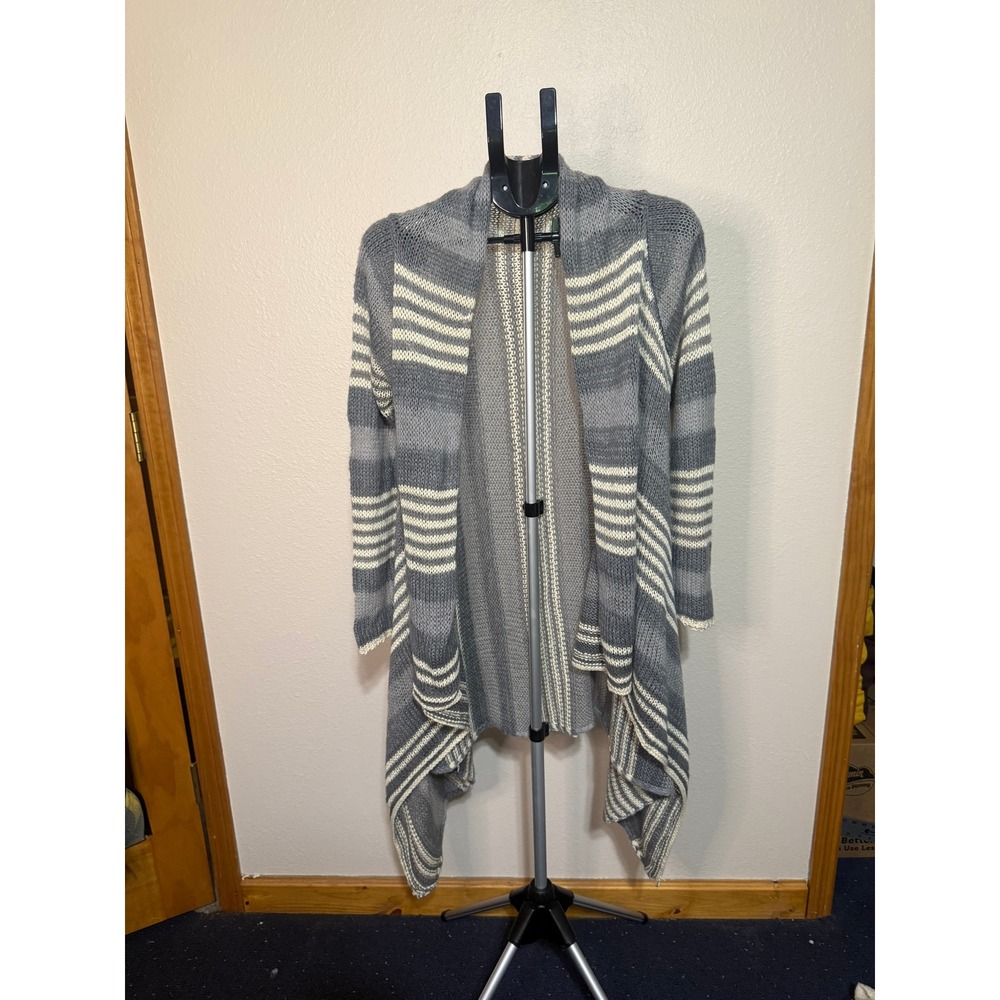 Olivia Sky Womens XL Grey Striped Open Front Sharkbite Hem Knit Cardigan Sweater